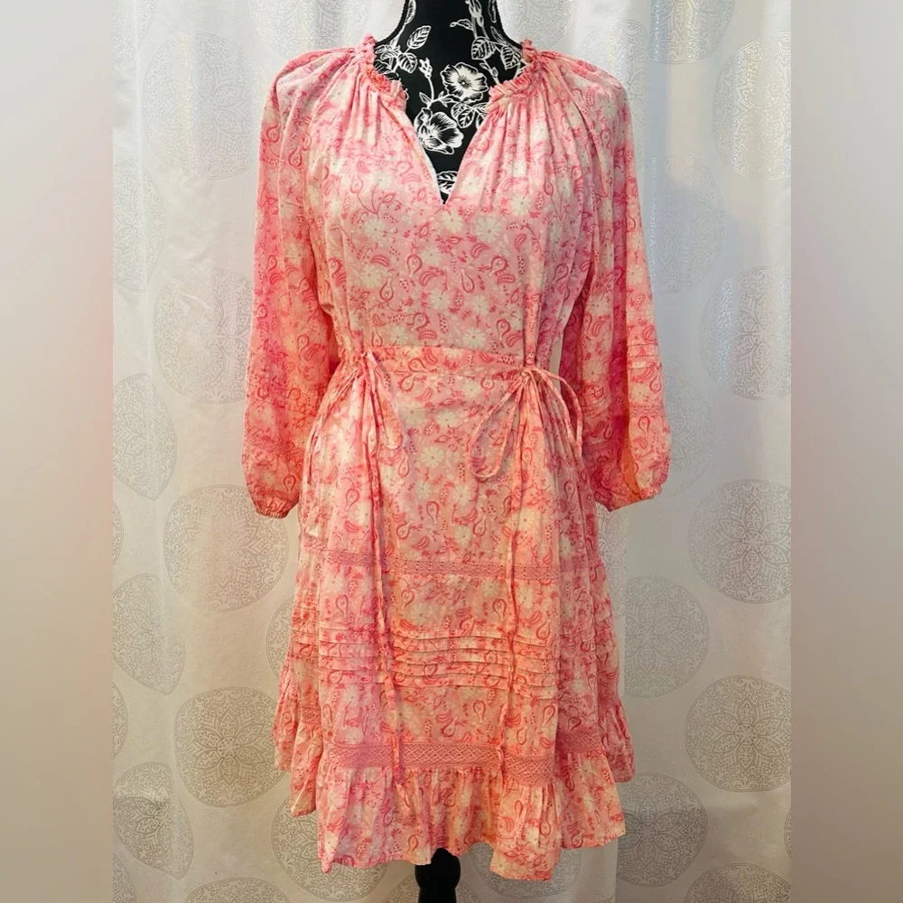 Draper James Kellie Babydoll Sundress Tie Waist in Pink Paisley Easter Women’s L - Picture 2 of 9
